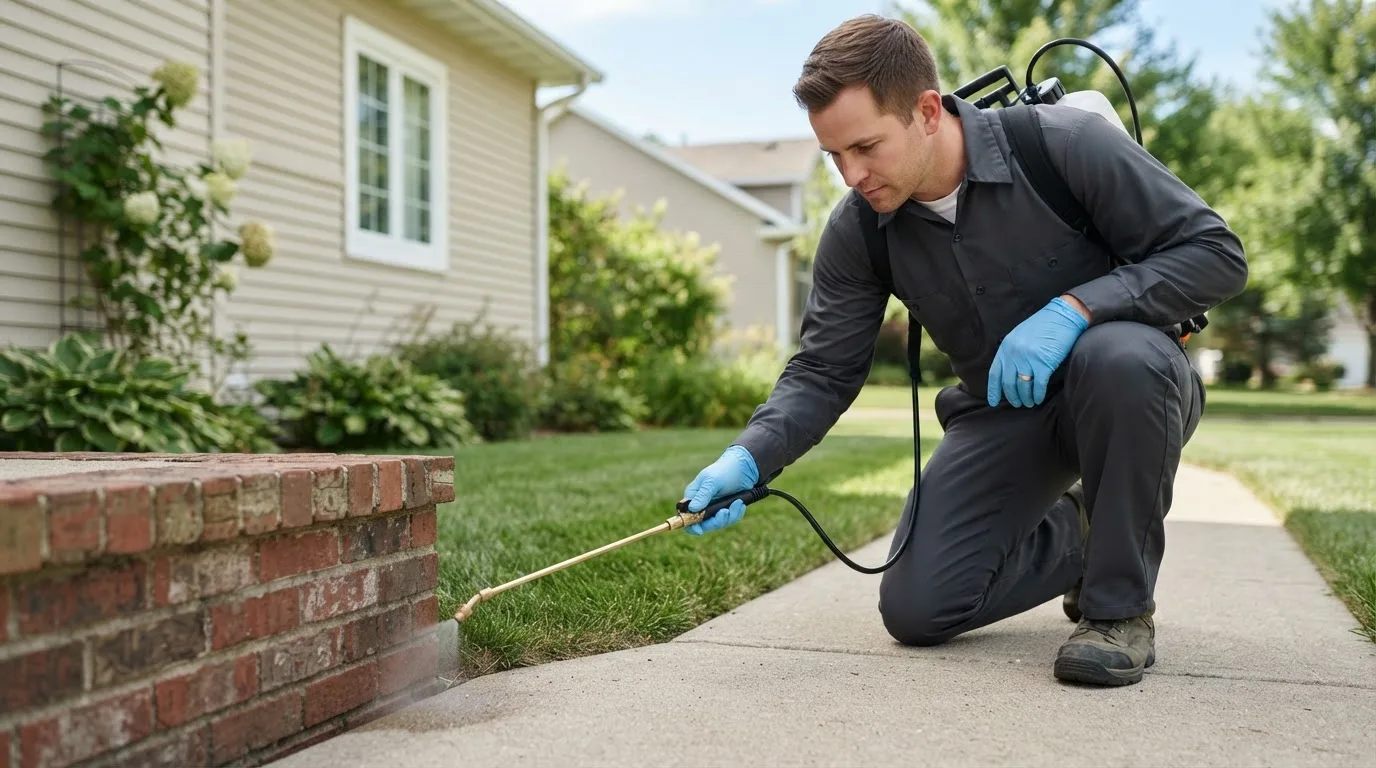 Pest control technician treating a home near Tower Hill, IL