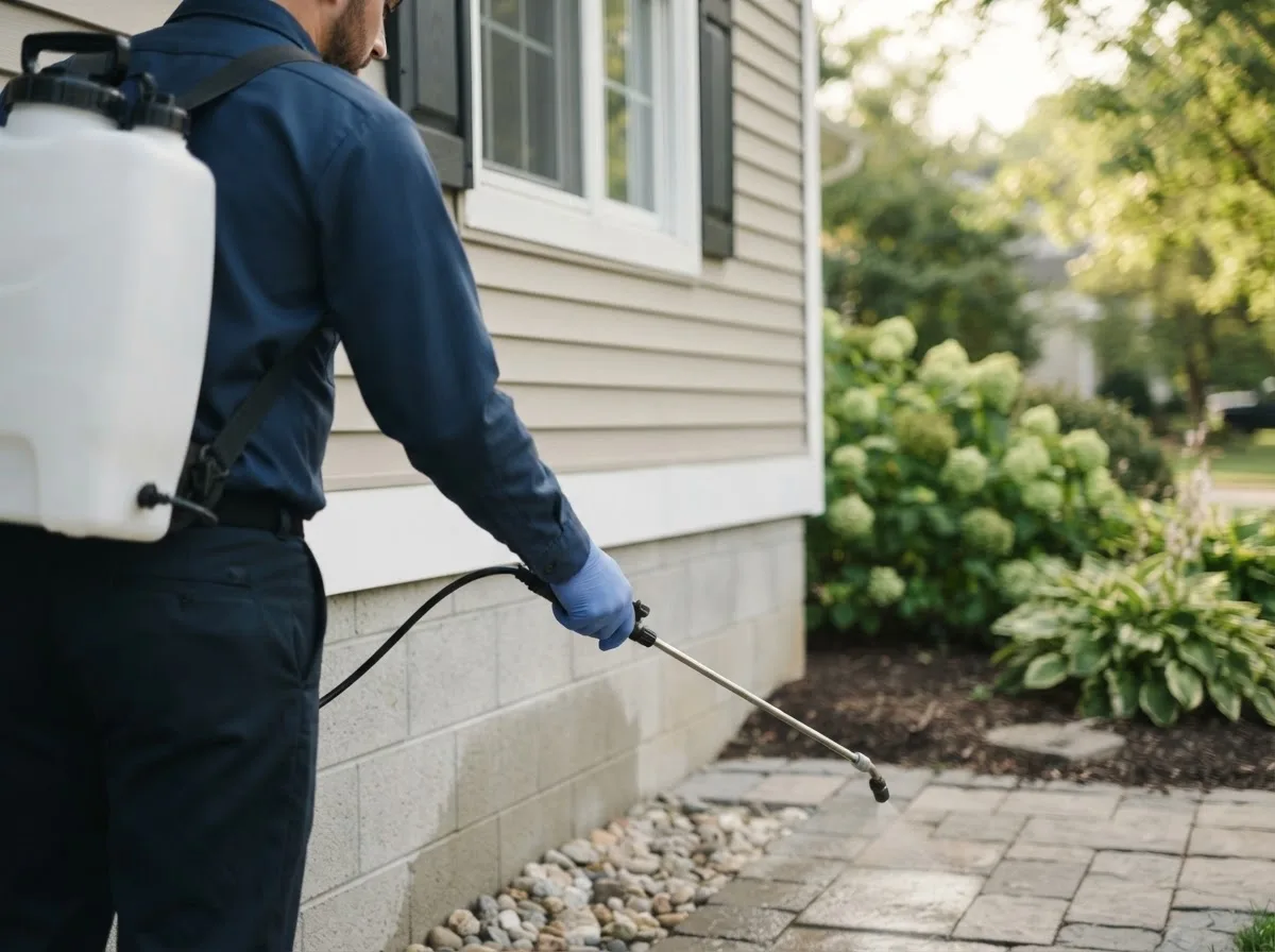 Pest control technician inspecting a home in Tower Hill, IL